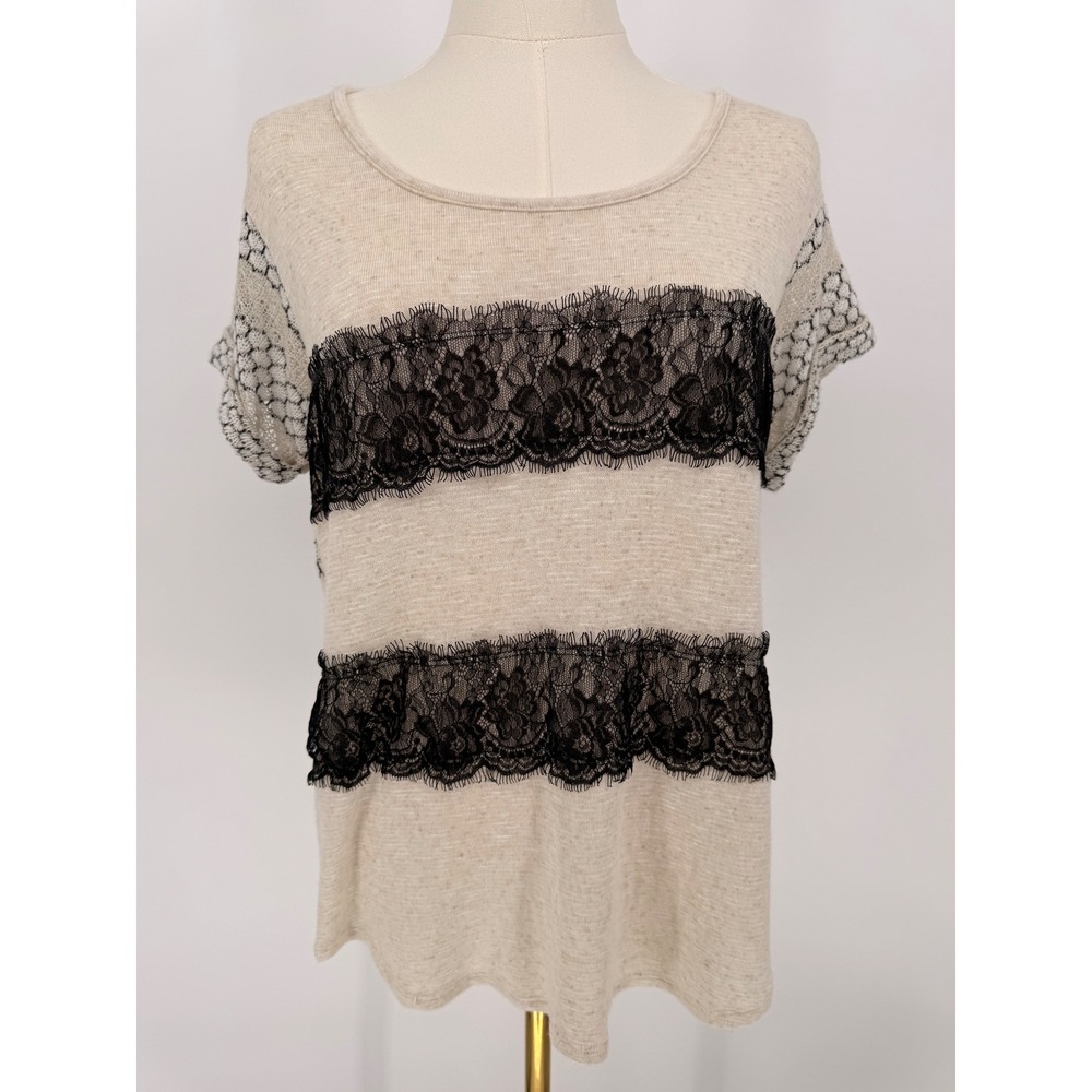 Daytrip Women's Beige Lace Trim Knit Top Short Sleeve Zipper Back Size L
